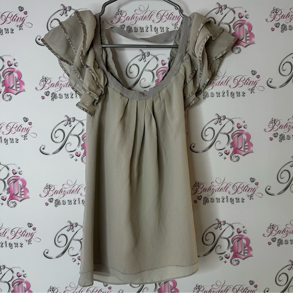Banana Republic tank top frilly Ruffled Cream Blouse beige grey frills silk 100%
